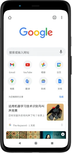 屏幕上显示 Google.com 页面的 Pixel 4 XL 手机。